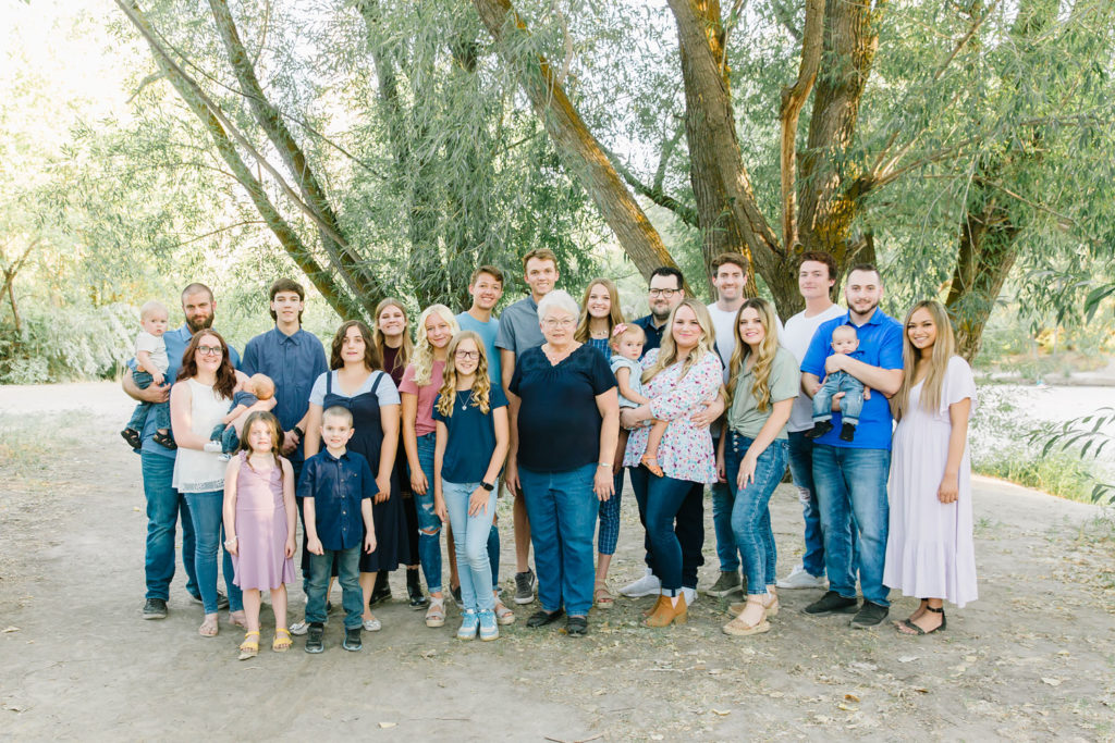 Extended family photo with everyone looking at Wheeler Farm