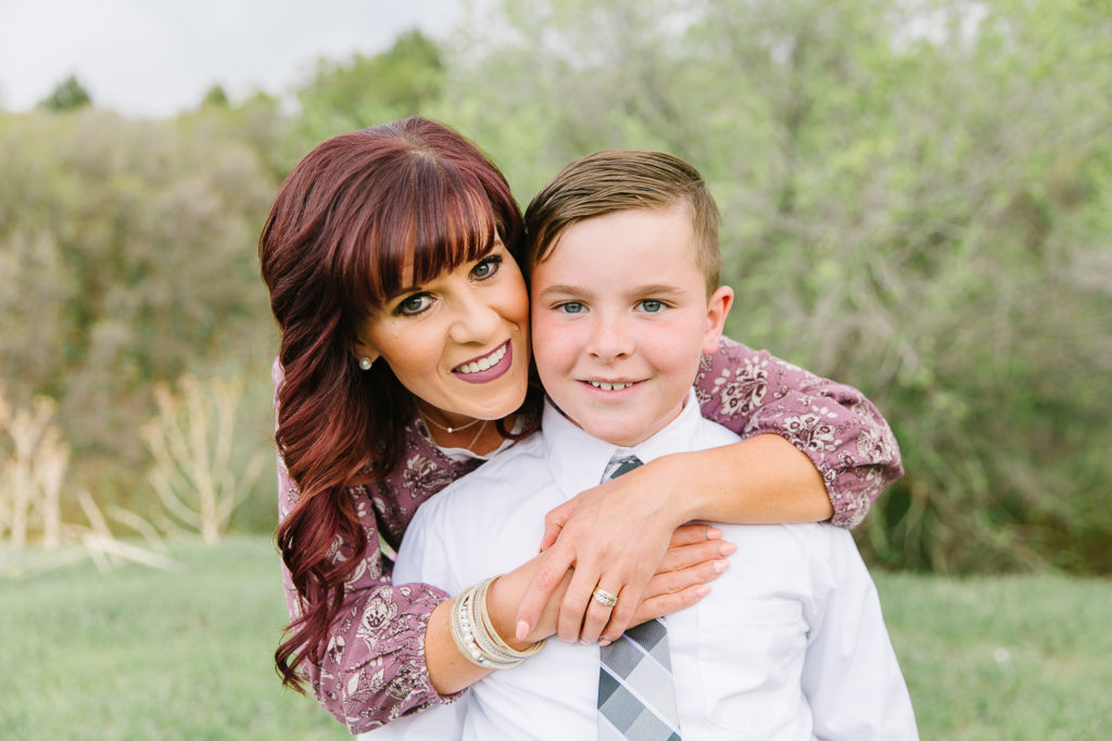 family photos-mom with arms around her young son